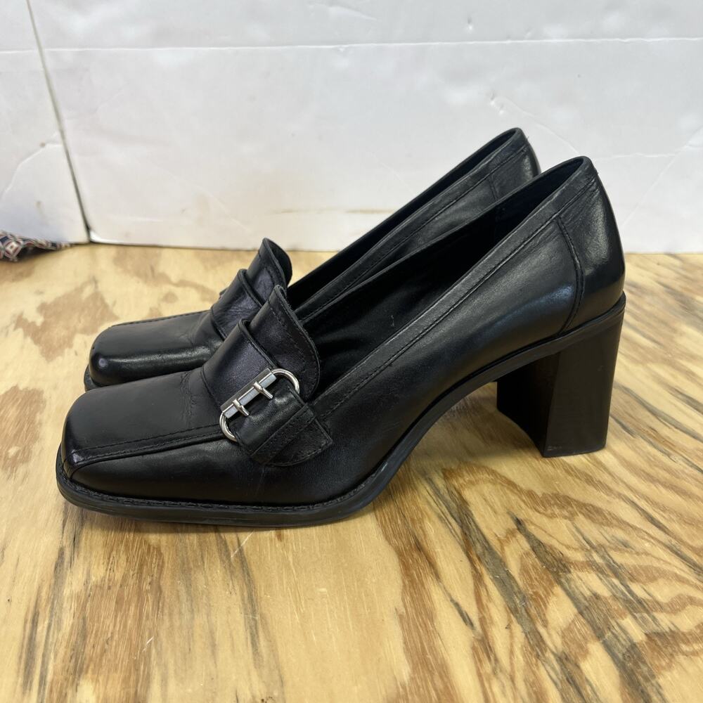 VTG 90s Y2K White Mountain Leather Heeled Loafer Size 8 Black Buckle Casual - Picture 4 of 14